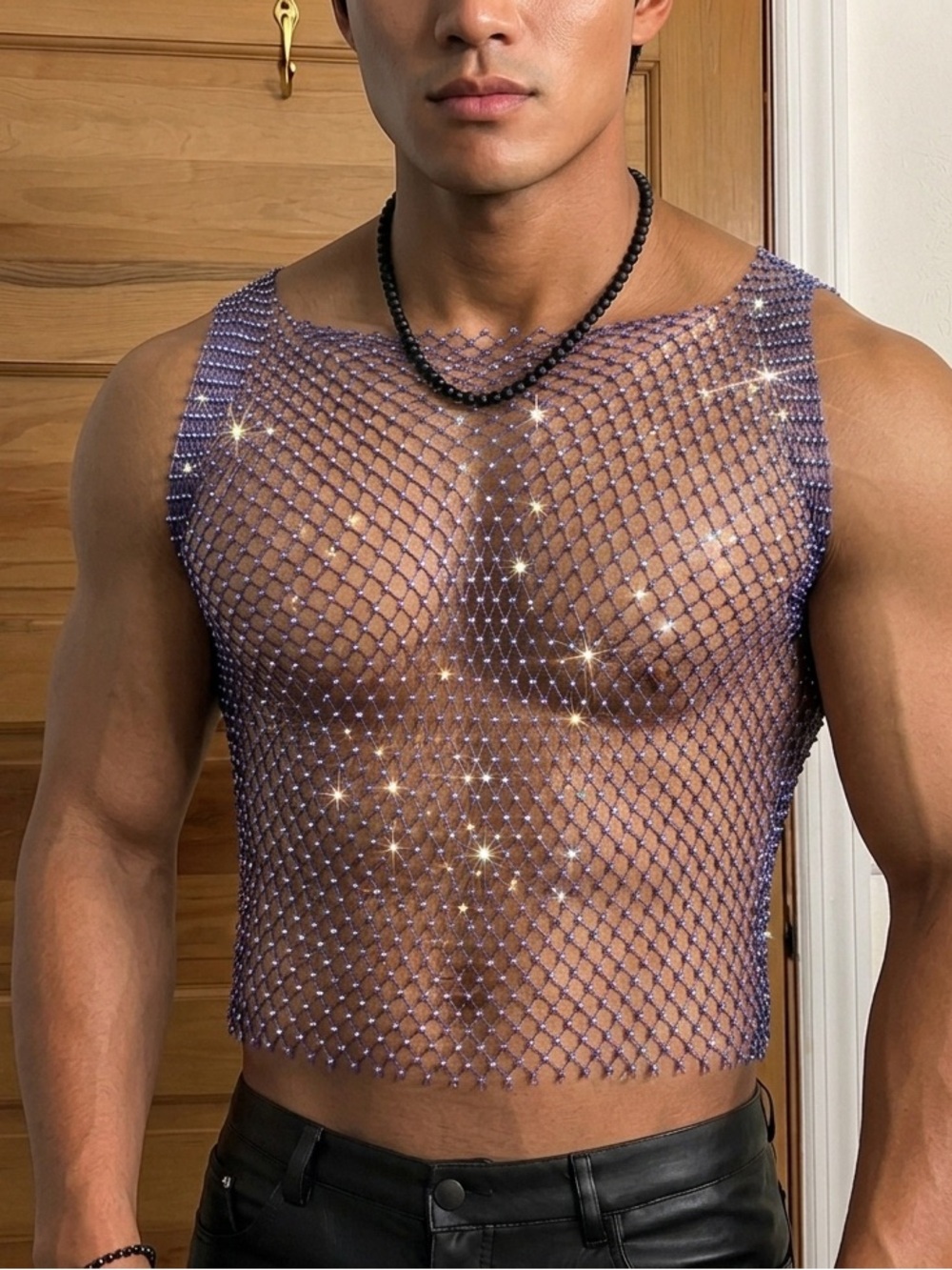 Men’s Blue mesh crop top with silver sequins | XL #mesh #sequins